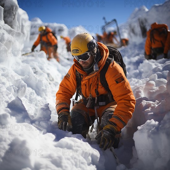 Helpers use evacuation aids to search for people buried in an avalanche