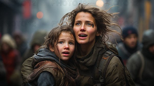 Frightened mother and young child daughter running in the streets of their war ravaged city. generative AI