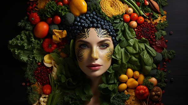 Headshot portrait of healthy woman surrounded by and partially made of fruits and vegetables