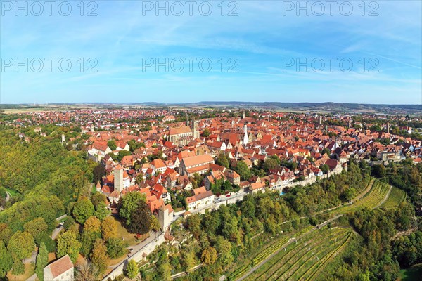 Aerial view of Rothenburg ob der Tauber with a view of the historic old town. Rothenburg ob der Tauber