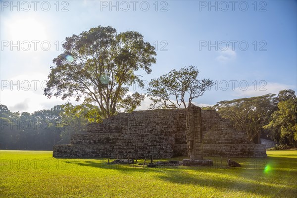 Backlight on the Mayan pyramids in The Copan Ruins temples. Honduras