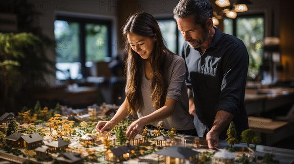 Architects working together assembling A small scale model housing developement on the table. generative AI