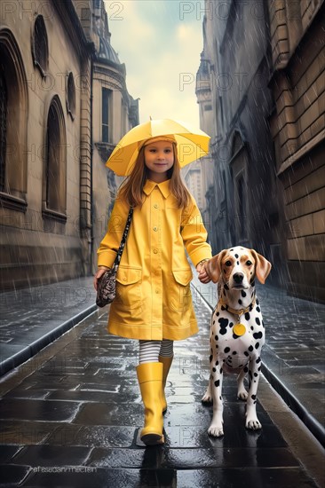 Eight years old girl wearing a yellow raincoat and hat walking in a street side by side with a Dalmatian dog