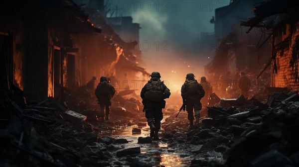 Soldiers with guns scrambling down the streets of a ravaged city amidst war. generative AI