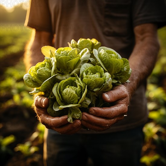 Green lettuce is harvested by a farmer