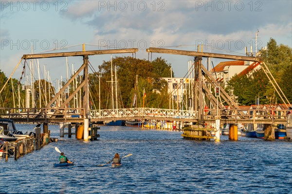 Historic Wieck wooden bascule bridge over the river Ryck