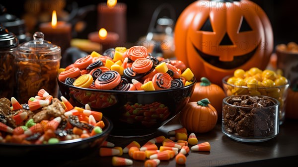 Halloween pumpkin and bowls of candy treats on A table. generative AI