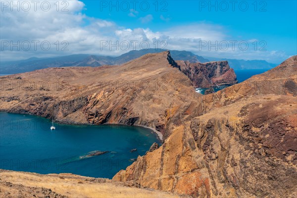 Landscape of the rock formations in the Ponta de Sao Lourenco and the sea