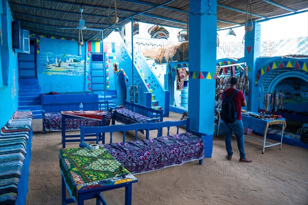 A young woman in a red dress climbing some colorful stairs that go up to a beautiful terrace of a traditional blue house in a Nubian village next to the Nile river and near the city Aswan. Egypt