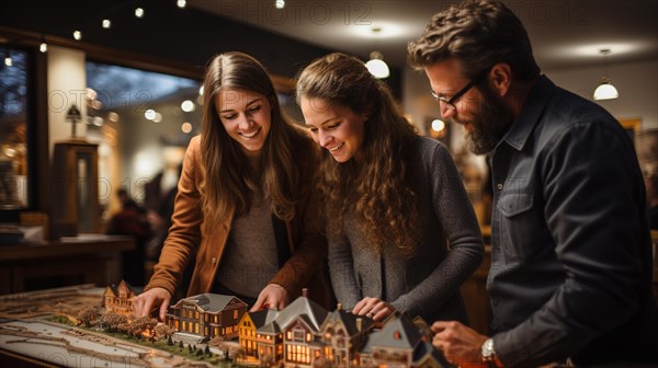 Real estate agent discussing with a young adult couple A new housing development model on the table in front of them. generative AI