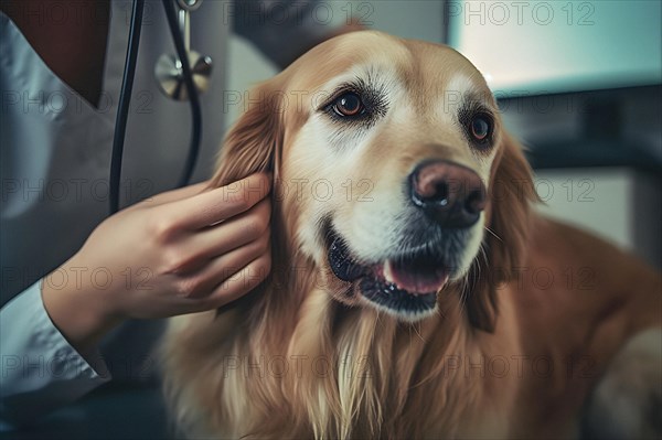 Friendly female veterinarian performing a health check up on a Golden Retriever dog. Generative AI