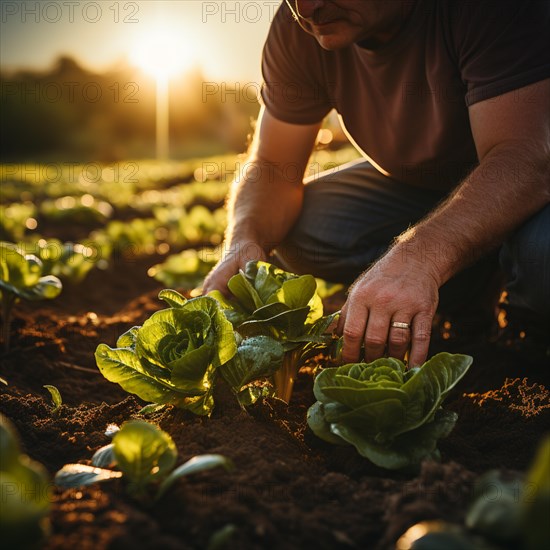 Green lettuce is harvested by a farmer