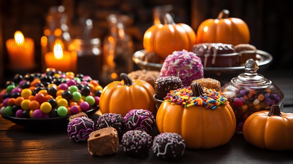 Pumpkins and halloween candy treats on A table. generative AI
