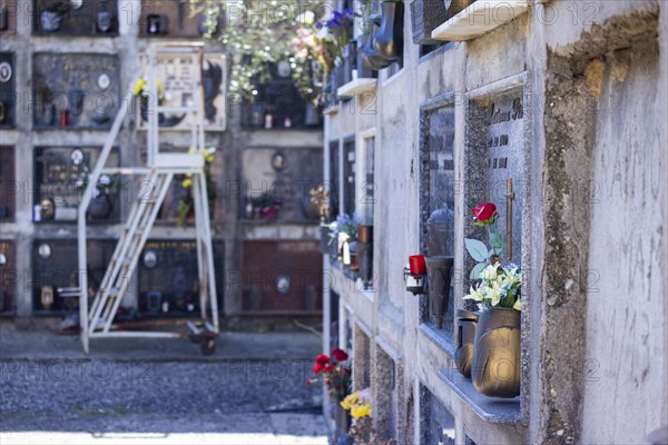 Wall with graves and ladder with wheels in a cemetery