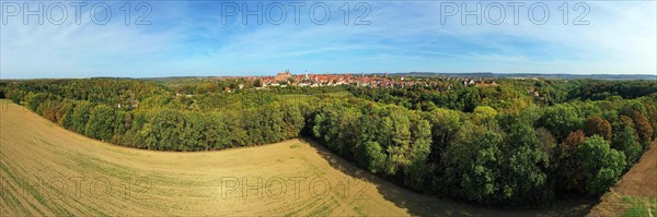 Aerial view of Rothenburg ob der Tauber with a view of the historic old town. Rothenburg ob der Tauber