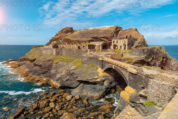 Bridge to the Fort des Capucins a rocky islet located in the Atlantic Ocean at the foot of the cliff in the town of Roscanvel