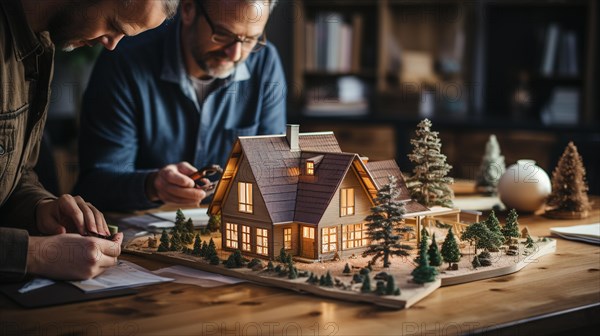 Architects working together assembling A small scale model housing developement on the table. generative AI