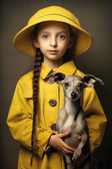 Eight years old girl wearing a yellow raincoat and hat holding an Italian Greyhound in her arms