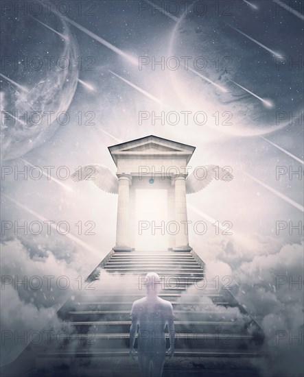 Human soul climbing the stairs to the heaven gates. Astral travel to paradise