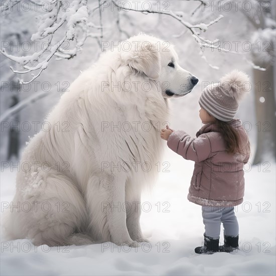 Three years old girl wearing winter clothes petting a huge white great Pyrenees Mountain dog in a snowy forest