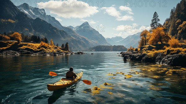 Kayaker paddling along a beautiful calm mountain river. generative AI