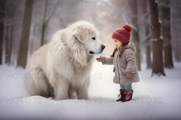 Three years old little girl wearing winter coat standing near a huge Great white Pyrenees Mountain dog on a snowy mountain top with the dog looking down at the girl