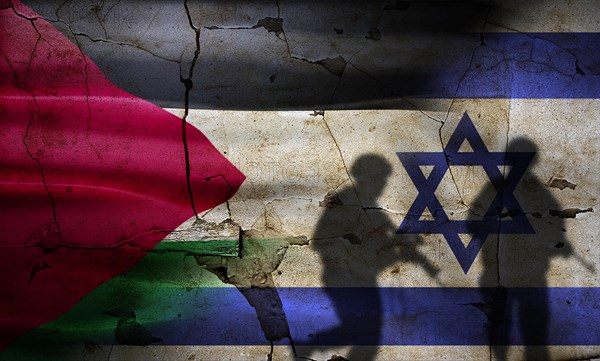 Israel vs Palestine flag on cracked wall. Palestine and Israel war concept