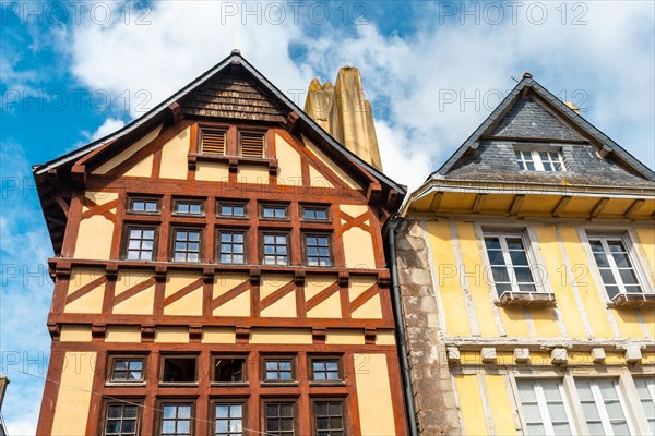 Old wooden colored houses in the medieval village of Quimper in the Finisterre department. French Brittany