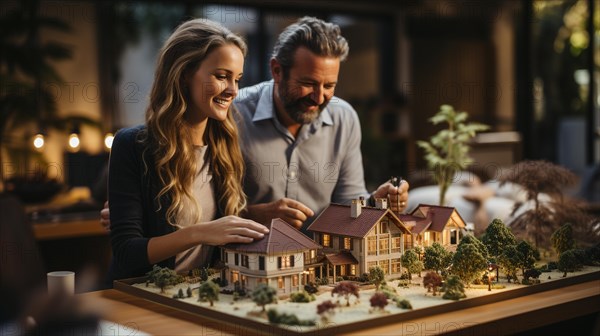 Young adult couple discussing A new housing development model on the table in front of them. generative AI