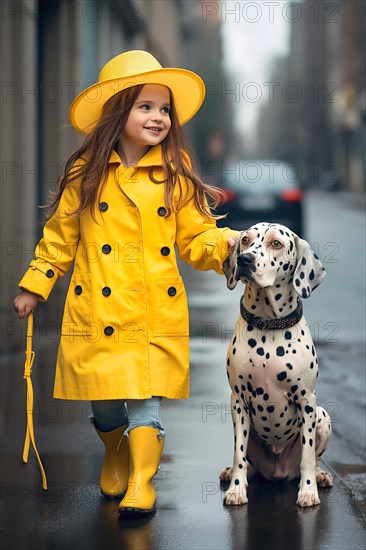 Eight years old girl wearing a yellow raincoat and hat walking in a street side by side with a Dalmatian dog