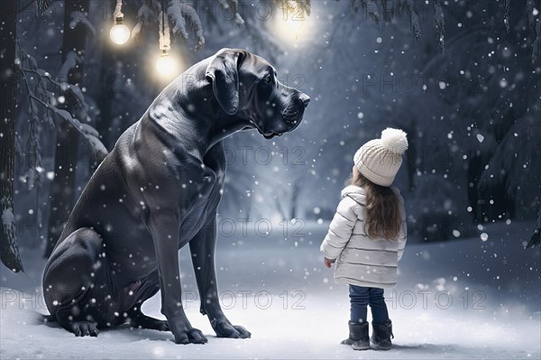 Three years old little girl wearing winter coat standing near a huge Great Dane in a snowy forest environment with the dog looking down at the girl