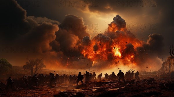 Soldiers scramble amidst explosions in a war torn middle eastern city. generative AI