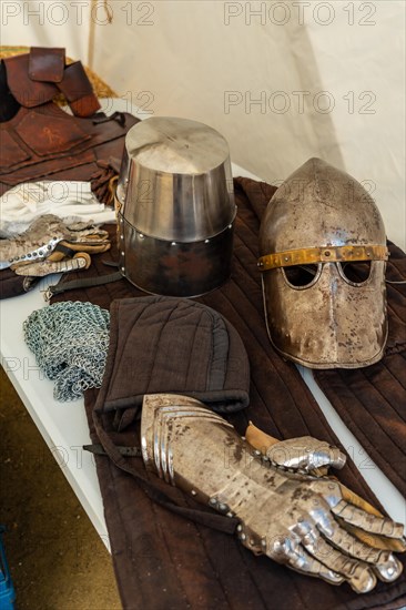 Medieval armor of an original knight in the castle of Fougeres. Brittany region