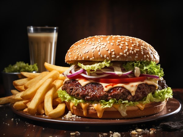 Fresh cooked delicious cheeseburger with all the fixings with fries. generative AI