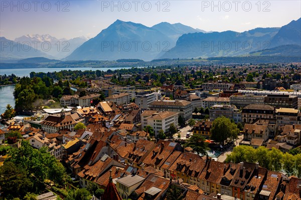 Aerial View over City of Thun and Lake with Mountain in a Sunny Day in Bernese Oberland