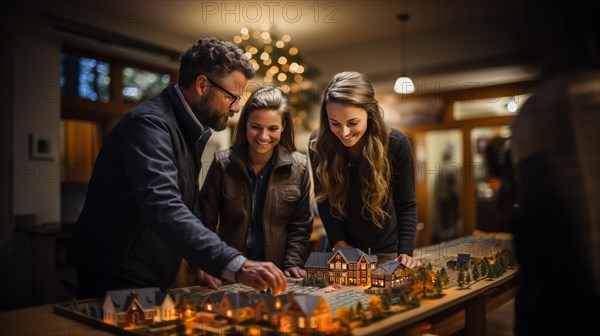 Real estate agent discussing with a young adult couple A new housing development model on the table in front of them. generative AI