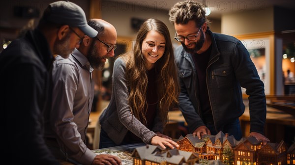 Real estate agent discussing with a young adult couple A new housing development model on the table in front of them. generative AI