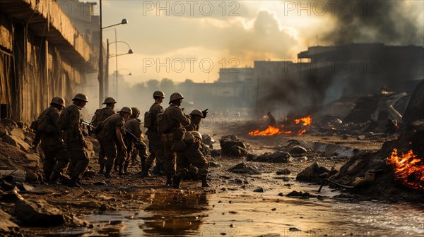 Soldiers with guns scrambling down the streets of a ravaged city amidst war. generative AI