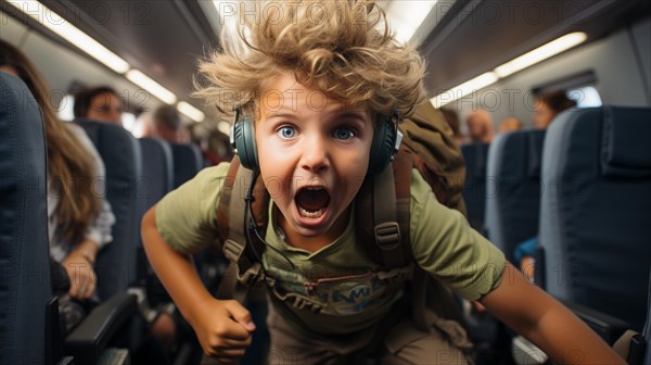 Irate child causing mayhem on an airplane bothering everyone on board. generative AI