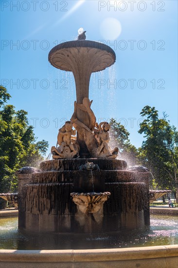 Sculpture of the Fountain of the Galapagos in the Retiro Park in the city of Madrid. Spain