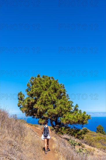 A young woman walking on the Las Tricias path in the town of Garafia in the north of the island of La Palma