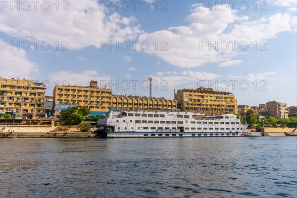 Small towns and ancient temples navigating the Nile River in Aswan city. Egypt