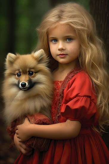 Pretty eight years old girl with long blond hair and red dress holding a German spitz in her arms