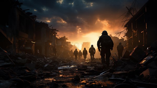 Soldiers with guns scrambling down the streets of a ravaged city amidst war. generative AI