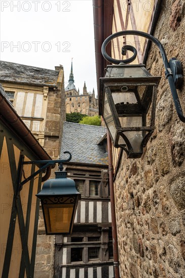 Old lampposts at the famous Mont Saint-Michel Abbey in the Manche department