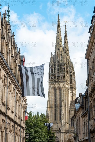 Medieval village of Quimper and the Saint Corentin de Quimper Cathedral in the background in the department of Finisterre. French Brittany