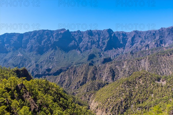 Views from the Mirador de los Roques on the La Cumbrecita mountain on the island of La Palma next to the Caldera de Taburiente