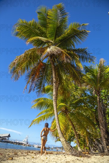 A young woman leaning on a palm tree on West End Beach on Roatan Island. Honduras