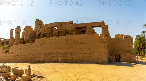 Panoramic view of the temple of columns with hieroglyphs inside the temple of Karnak