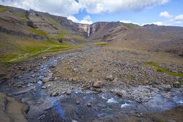 The last waterfall that descends from Hengifoss in Iceland from above